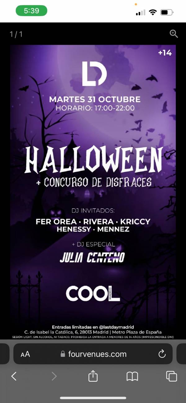 Discoteca light Madrid Menores Halloween entradas